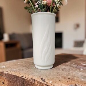 Milk Glass White Cylinder Flower Vase, Ribbed Raised Leaf Pattern, Vintage Decor
